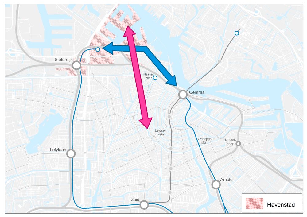 Kaart van de oost-west en noord-zuid verbinding en de ontwikkeling van Haven-Stad